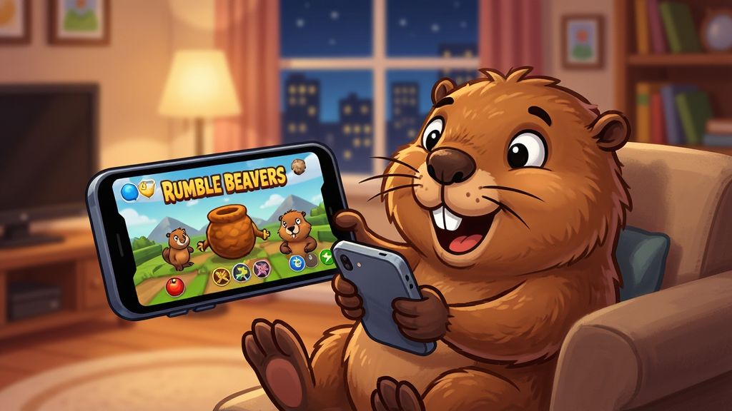һֻ��������ɳ���������ֻ�����Ϸ���ֻ���Ļ��ʾRumble Beavers����Ϸ���棬��������ܰ�Ŀ�����������ҹ���ĳ��еƹ⣬��ͨ��񣬷�Χ���ɣ������������ɾ��޶���Ԫ��