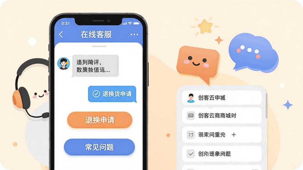 ����չʾ�����������̳ǡ��ͷ����ۺ���棬�ֻ���Ļ����ʾ���߿ͷ��Ի����˻������밴ť�볣�������б�������Ϊ���ǳɫ���Ա��ж������Ի����ݵȸ���Ԫ�أ�����Ϊ���ҽṹ������ֻ��Ҳ�Ԫ�أ����Ϊ�Ѻ��׺͵ı�ƽ�廭�磻ϸ����������������ťԲ�󣻻��ʸɾ����޶���Ԫ��