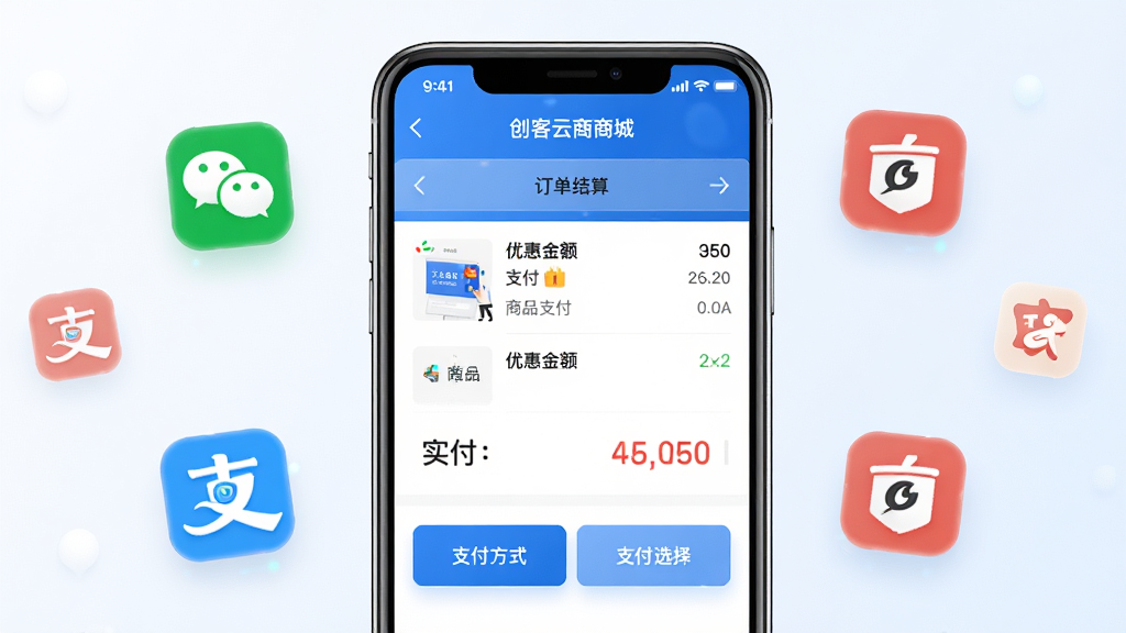 ��������Ϊ�ֻ�֧�����棬��Ļ��ʾ�����������̳ǡ���������ҳ��������Ʒ�嵥���Żݽ�ʵ�������֧����ʽѡ��ť����ΧƯ��΢��֧����֧������ͼ��Ԫ�أ�����Ϊ����չʾ���������������Ϊ�ִ���Լ�Ƽ��磬������ɫ��ϸ���ϰ�ť����΢��Ӱ��������Ŀ�����ʸ��壬����ɾ����޶���Ԫ��
