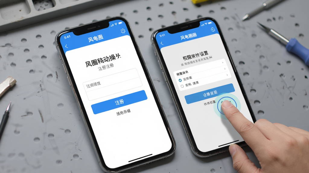 ���Ȧ�ƶ��˲���ʾ��ͼ������չʾһ���ֻ���Ļ��ʾ���ȦAPP��ע��ҳ���Ȩ�����ý��棬�Ա�����ָ����Ķ���ʾ�⡣����Ϊ���Ļ�ɫ����̨�����̳��࣬ϸ�ڰ��������İ�ť�����ֱ�ǩ�����ʸ��壬�޶���װ�Ρ�