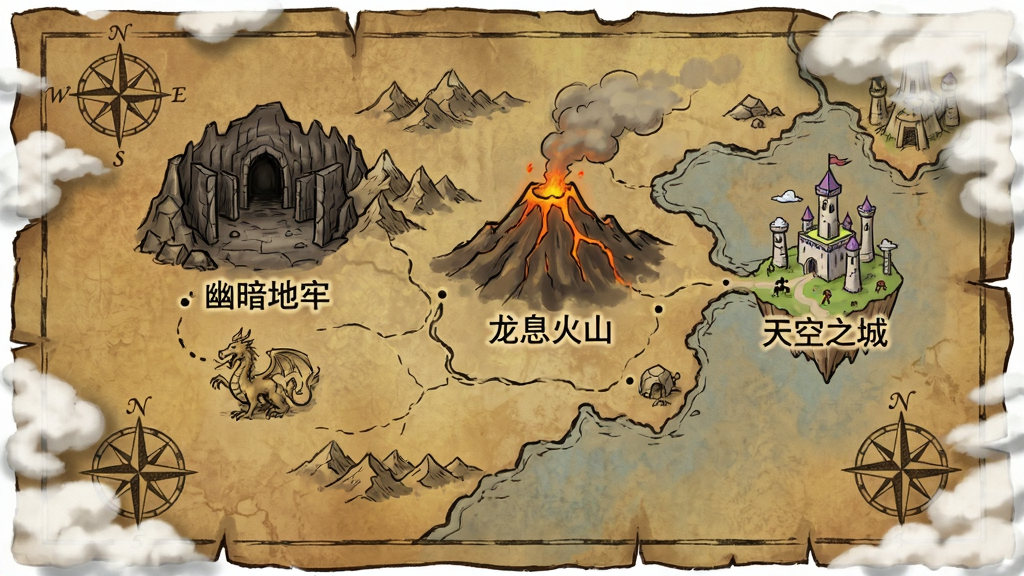 魔幻远征探索地图界面,一张羊皮纸风格的大地图上标记着各种地点,如“幽暗地牢”、“龙息火山”、“天空之城”,地图边缘有迷雾等待驱散。风格为复古奇幻地图,色调偏黄褐色,带有手绘纹理,画面干净,标注清晰。