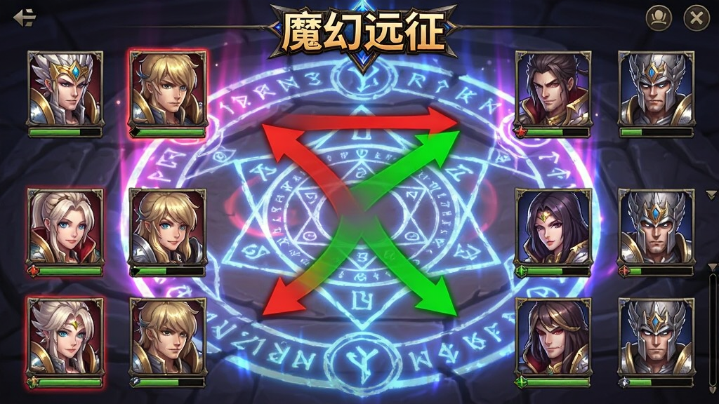 魔幻远征游戏战斗界面截图风格,画面分为敌我双方阵营,英雄头像排列整齐,中间有代表克制关系的红绿箭头指示。背景是神秘的魔法阵,画风偏二次元幻想风格,色彩明亮,文字清晰标注着“魔幻远征”,画面干净,UI布局合理。