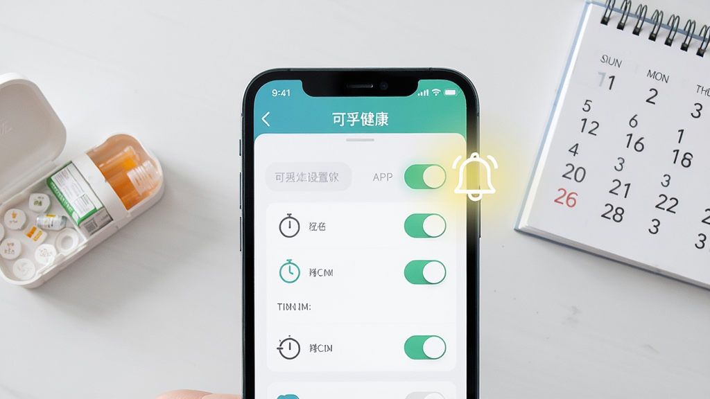 �ֻ���Ļ��ʾ�����ڽ�����APP���������ý��棬��Ļ���ж�����ذ�ť�Ͷ�ʱ��ͼ�꣬�Ա���һ������ͼ�귢������ɫ��â��ʾ���ѹ��ܿ������ֻ���Χ��ҩ�к�����������Ϊǳ��ɫ�����ּ�࣬���ʵ��������ϸ�ڵ�λ�����ʸ��壬�ɾ����޶���Ԫ�ء�