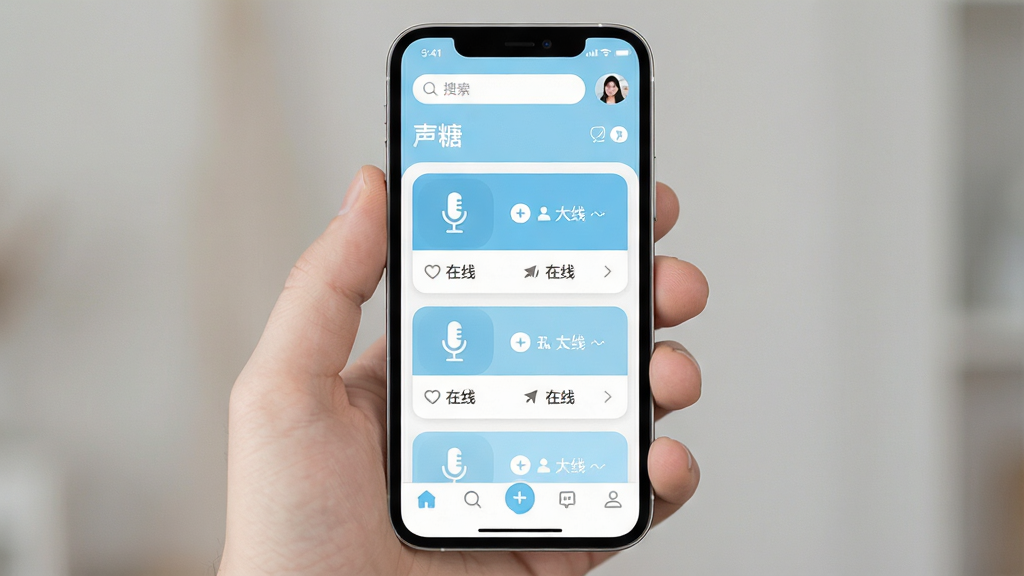 一张手机屏幕展示语音社交应用界面的图片,画面中央是名为