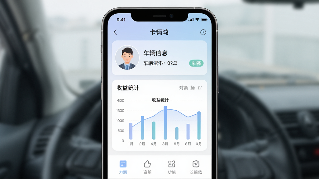 ��һ�ſ��˺�˾����APP��������ҳ��ʾ��ͼ���ֻ���Ļ����ʾͷ�񡢳�����Ϣ������ͳ��ͼ���͹��ܲ˵����������Լ����ɫ��ͣ��������룬���ʸ��壬�ɾ����޶���Ԫ��