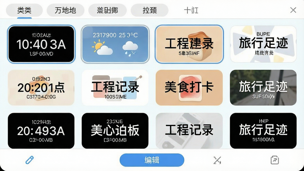一张展示炅图水印相机水印模板库界面的图片,画面以网格形式排列多个水印样式缩略图,缩略图内包含不同的信息组合,如时间地点天气、工程记录、美食打卡、旅行足迹等,界面顶部有分类标签栏,底部有编辑按钮,整体布局整齐,采用清新浅色风格,细节包括缩略图的圆角、选中状态的高亮边框,画质清晰,干净,无多余元素