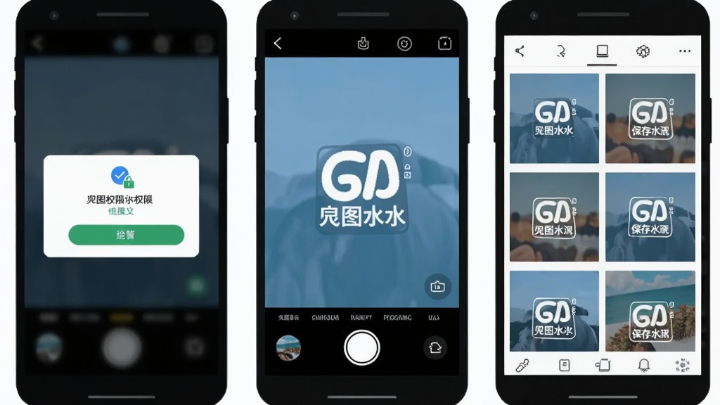 一张展示炅图水印相机在手机端操作流程的拼图,画面分为三个部分,左侧显示权限授予弹窗,中间显示拍照界面水印叠加效果,右侧显示相册中已保存的水印照片列表,整体布局横向排列,采用扁平化插画风格,细节包括权限图标、水印文字、照片缩略图,画质清晰,干净,无多余元素