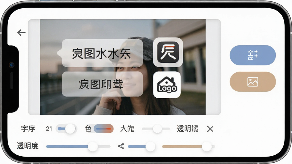 一张展示炅图水印相机自定义水印编辑界面的图片,画面中手机屏幕显示照片预览,照片上叠加了可拖拽的水印文字框与Logo图标,屏幕下方有字体、颜色、大小、透明度调节滑块,界面右侧有添加文字与添加图片按钮,整体布局清晰,采用柔和圆角设计风格,细节包括滑块的样式、按钮的图标,画质清晰,干净,无多余元素