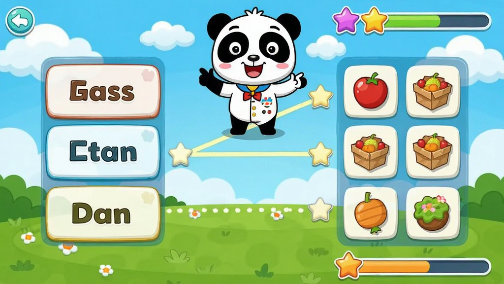 ������ʿӢ��Ȥζ������Ϸ���棬����չʾһ����ͨ����Ӣ�ﵥ�������Ϸ�������Ӣ�ĵ��ʿ�Ƭ���Ҳ��Ƕ�Ӧ��ͼ�����м���������ʾ����Ļ�Ϸ�����è��ʿ��ɫ�ڹ�����������������ƺͲݵأ�����Ϊ���ҷ�������Ϸ�����Ű����������Ϊ������ͨ�廭��ϸ�ڰ�����ɫ���ǵ÷ֺͽ����������ʸ��壬�ɾ����޶���Ԫ��