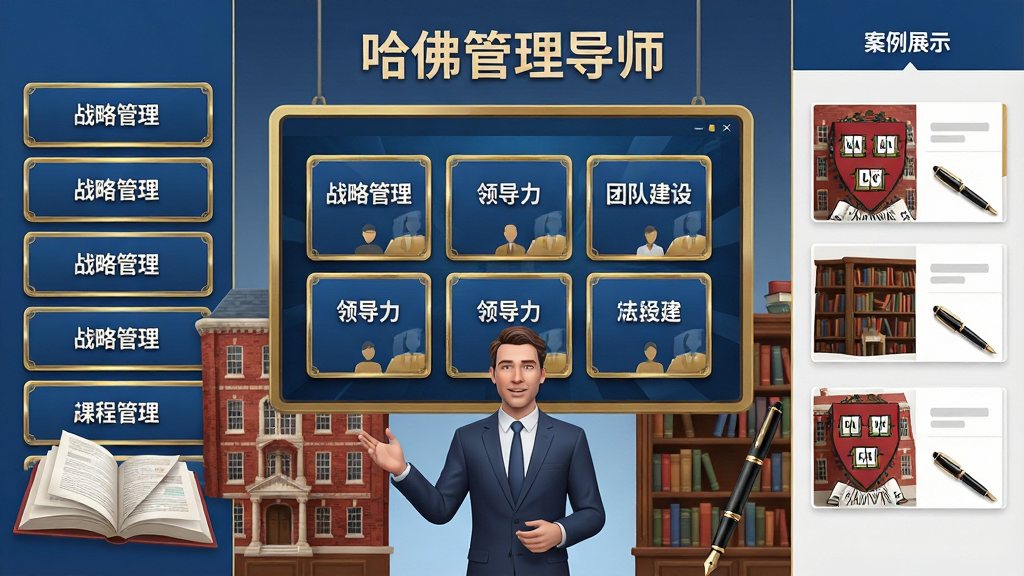 һ��չʾ���������ʦȨ���γ���ϵ�Ļ��棬����������һ�������ĵ�����Ļ����Ļ�������Ŷ���γ̿�Ƭ����Ƭ���������ս�Թ��������쵼�������Ŷӽ��衱�ȣ���Ļ�·�������������ڽ��⣬��Χ�����Ź�����ĺ�ש���������Ԫ�أ����ֲ������ҷ����Ű棬���Ϊ�γ��б��Ҳ�Ϊ����չʾ�����Ϊдʵ����廭��ϸ�ڰ�����ɫ�߿���ɫ��ɫ�����������鱾��ֱʣ����֡����������ʦ����������Ļ���������ʸ��壬�ɾ���࣬�޶���Ԫ��