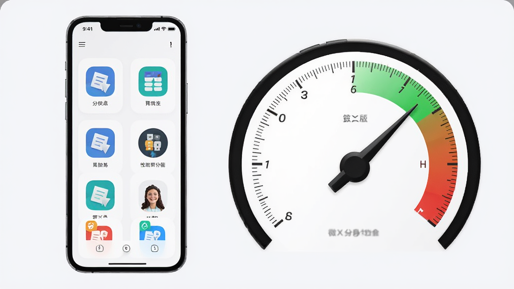 微X分身版稳定运行性能示意图,画面中央是一部手机与一个代表性能的仪表盘,仪表盘指针指向绿色安全区间,手机屏幕显示多个分身应用流畅运行,布局采用左右平衡排版,风格为商务简约风,细节上仪表盘带有细腻刻度,背景为浅灰白色,画质清晰干净,无多余元素