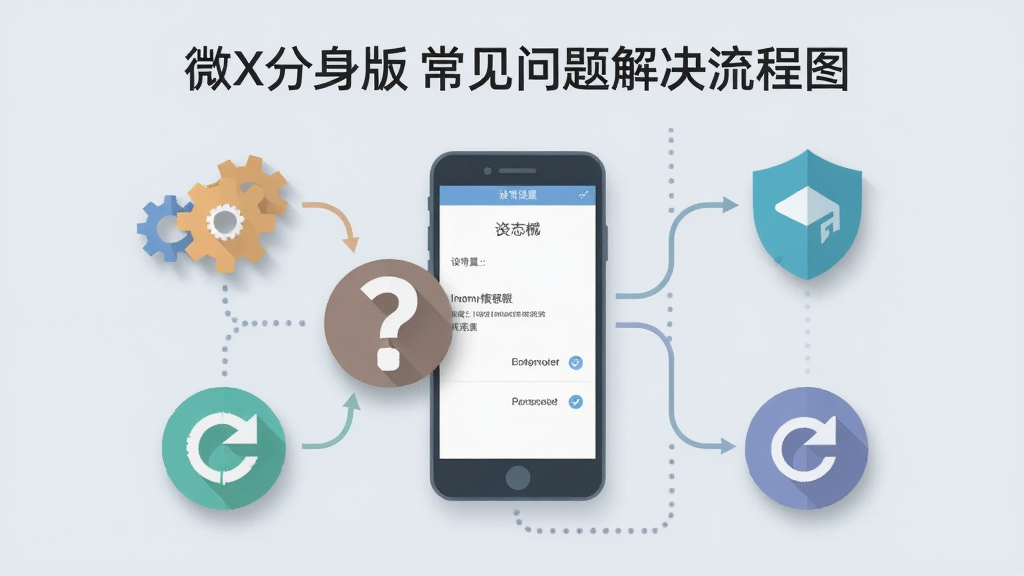 微X分身版常见问题解决流程图,画面中央是一部手机与一个问号图标,手机屏幕显示设置与权限界面,周围环绕着齿轮、盾牌、刷新箭头等工具符号,布局采用流程图式排列,风格为扁平化信息图风,细节上图标带有柔和阴影,背景为浅灰蓝色,画质清晰干净,无多余元素