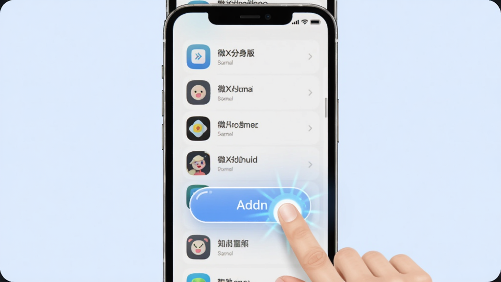 微X分身版一键添加应用的操作界面图,画面中央是一部手机,屏幕上显示应用列表与添加按钮,手指点击按钮的瞬间带有光效反馈,布局采用中心聚焦排版,风格为扁平化现代风,细节上按钮带有圆角高光,背景为柔和的浅蓝色,画质干净清晰,无多余元素