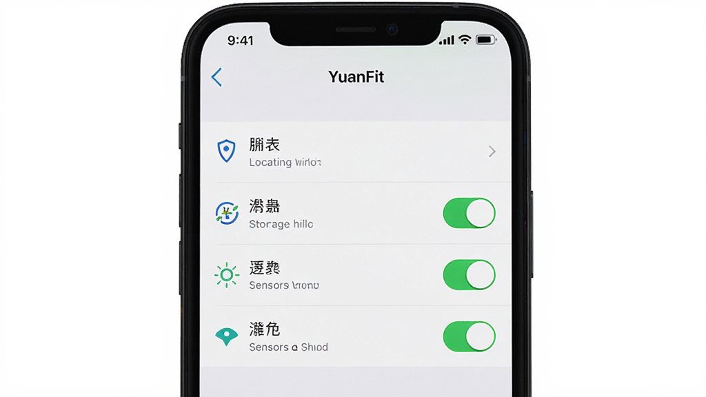 �������ֻ���Ļ��ʾYuanFit��Ȩ�����ý��棬����Ϊ�ֻ�������д���Ű���У����ΪдʵUI��ͼ�磬ϸ�ڰ���Ȩ���б��еĶ�λ���洢������������״̬�����ʸ��壬�ɾ����޶���Ԫ��