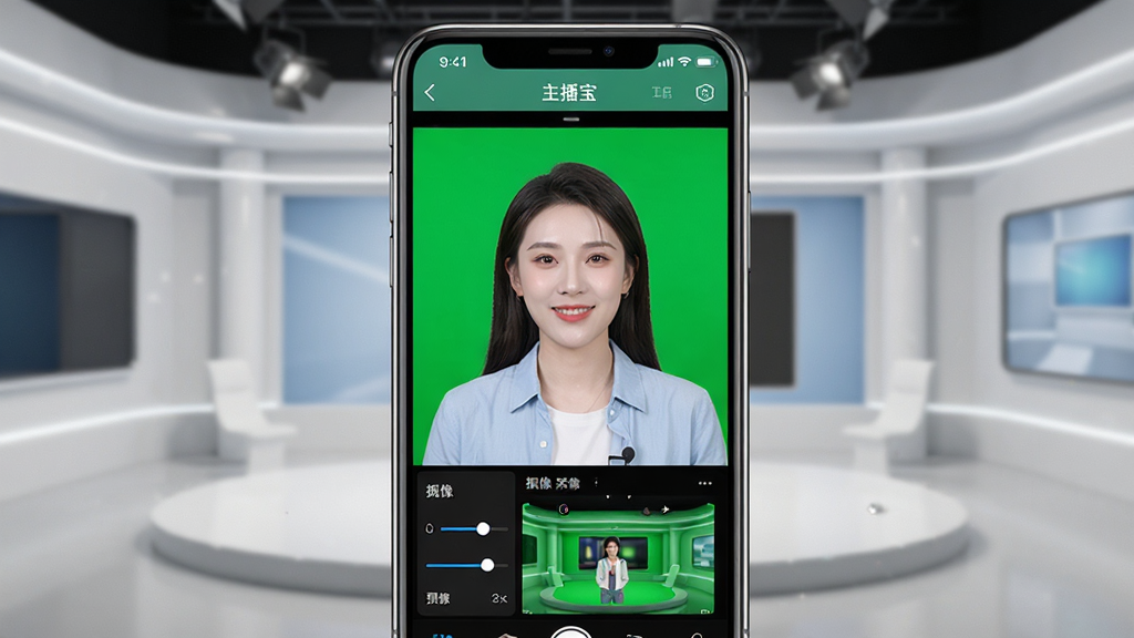 主播宝软件智能绿幕抠像功能展示图,画面主体为一部手机正在运行主播宝应用,屏幕中显示人物与绿幕分离后的合成效果,人物边缘干净,背景替换为简约的演播室场景,布局采用居中构图,风格为产品功能演示图,细节包括软件界面上的抠像参数调节滑块、预览窗口,画质清晰,干净,无多余元素。