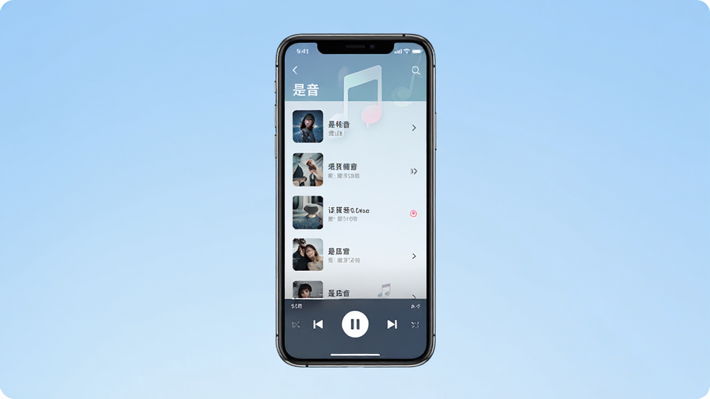 一张展示手机音乐播放器界面的图片,画面中央是一部智能手机,屏幕显示“是音”软件的主页,有歌曲列表和播放按钮,背景是柔和的渐变蓝色,风格简约现代,细节清晰,画质干净,无多余元素