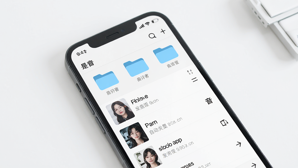 一张展示手机屏幕中音乐文件被自动分类整理的图片,画面中手机屏幕显示“是音”的曲库管理界面,有文件夹图标和歌曲列表,背景干净整洁,风格清新,画质清晰,无多余元素