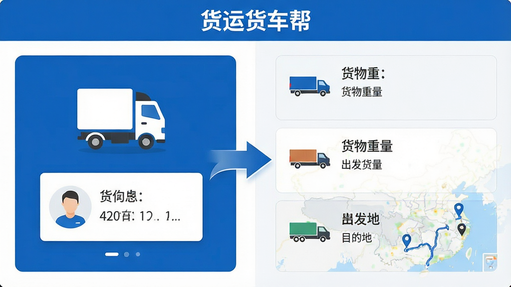 画面中展示“货运货车帮”应用的车货匹配界面,左侧为货车图标与司机信息卡片,右侧为货源列表与路线地图,中间用箭头连接表示匹配成功;布局采用左右分栏,顶部有“货运货车帮”文字标识;风格为简洁商务风,蓝白配色;细节包括车型图标、货物重量、出发地目的地标签;画质高清,干净,无多余元素