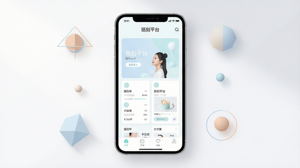 ����ƽ̨����������ȫòչʾ�������������ֻ���Ļ����Ļ�ڳ�������ƽ̨App����ҳ���֣����������������ơ�����ƽ̨�������ֱ�ʶ���������ǳɫ���·�񣬵ײ������������ɼ�����Χ��׺��Լ����ͼ������͹�Ӱ�����幹ͼ���жԳƣ�����ִ���ƽ����ϸ�ھ��£����ʸɾ��������޶���Ԫ��