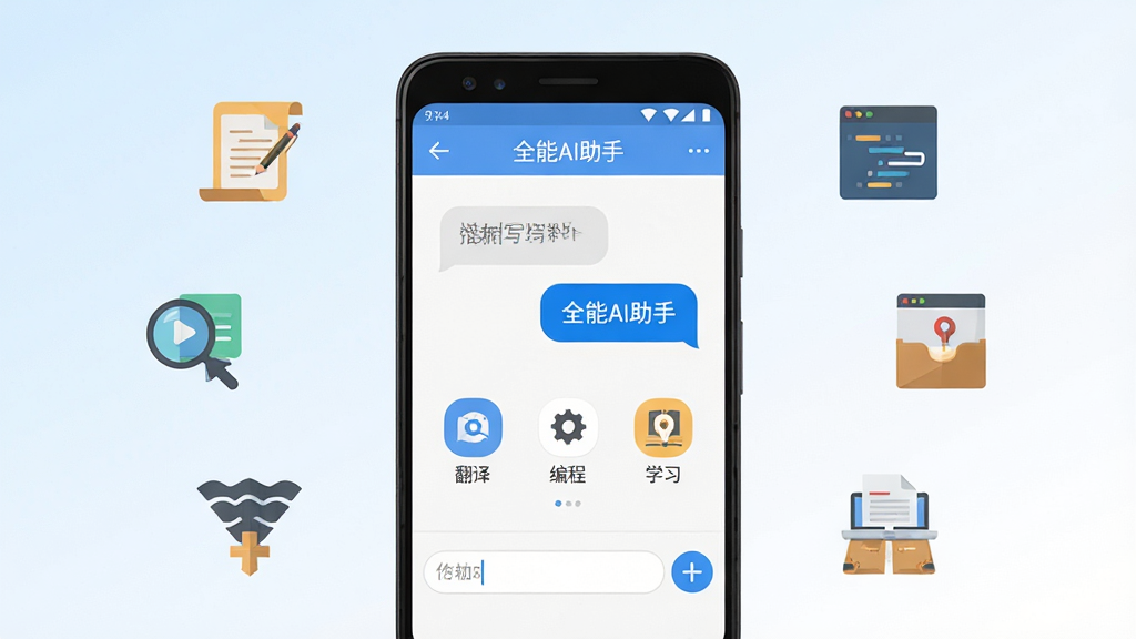 画面中央展示一部安卓手机,手机屏幕内呈现“全能AI助手”应用主界面,界面包含对话气泡、功能图标与输入框,手机周围环绕代表写作、翻译、编程、学习、办公的简约扁平图标,背景为浅蓝到白色的柔和渐变,整体布局居中对称,风格干净现代科技感,细节清晰,画质高清,干净,无多余元素