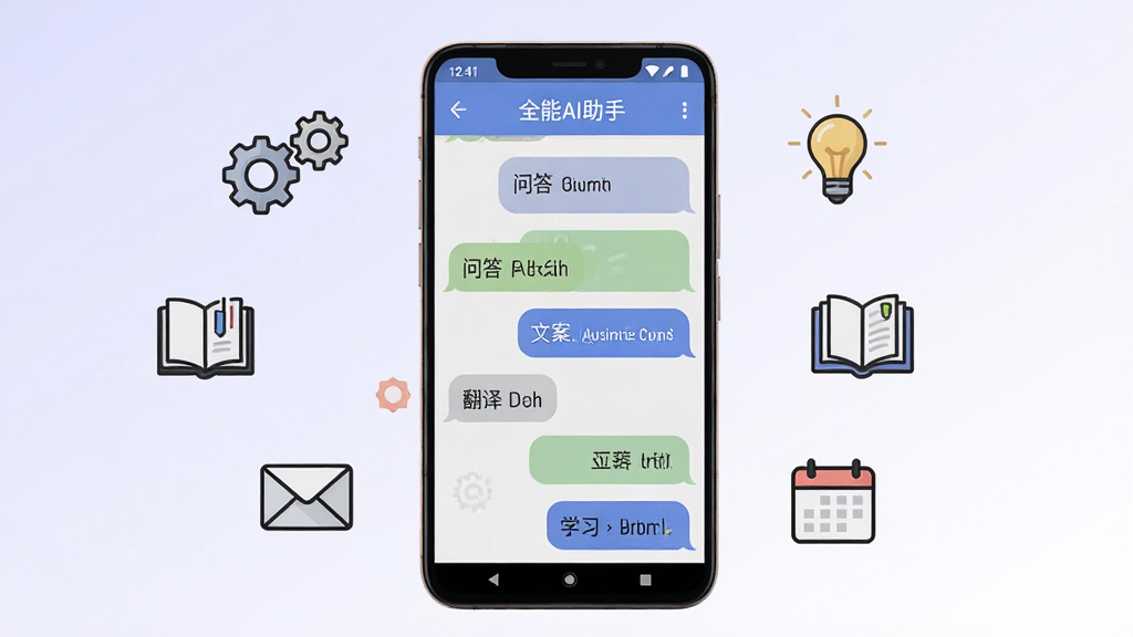 画面中央展示一部安卓手机,屏幕内呈现“全能AI助手”对话界面,对话内容包含问答、文案、翻译、学习等不同气泡,手机周围环绕齿轮、灯泡、书本、邮件、日历等简约图标,背景为淡紫色到白色的柔和渐变,布局居中,风格清爽实用,细节清晰,画质高清,干净,无多余元素