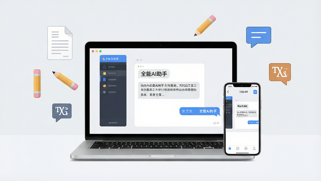 画面中央是一台打开的笔记本电脑与一部手机并排摆放,屏幕中显示“全能AI助手”正在生成文案的对话界面,周围漂浮着文档、铅笔、对话气泡、翻译符号等简约图标,背景为浅灰白色,布局左右均衡,风格清新办公感,细节清晰,画质高清,干净,无多余元素