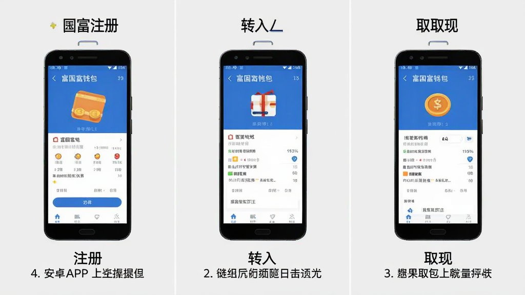 富国富钱包APP在安卓手机上的操作流程图,画面分为三格展示注册、转入、取现三个步骤,每格包含手机界面简图和对应文字说明,背景为浅灰色,风格教程图解,细节清晰,画质干净,无多余元素