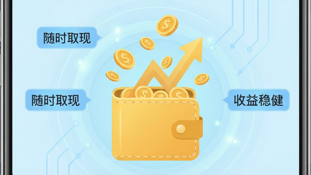 富国富钱包APP理财页面特写,画面中央展示一只金色钱包打开后飞出多枚金币和上升箭头,背景为淡蓝色科技光晕,周围环绕“随时取现”“收益稳健”字样标签,构图采用中心对称布局,风格扁平化金融插画,细节清晰,画质干净,无多余元素