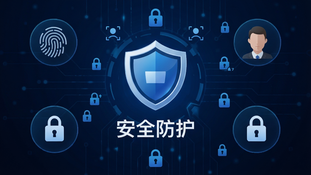 富国富钱包APP安全中心页面,屏幕中央显示盾牌图标和“安全防护”字样,四周环绕指纹识别、人脸识别、密码锁等图标,背景为深蓝色科技纹理,风格严肃安全,细节包括锁形图案和加密符号,画质高清,干净,无多余元素