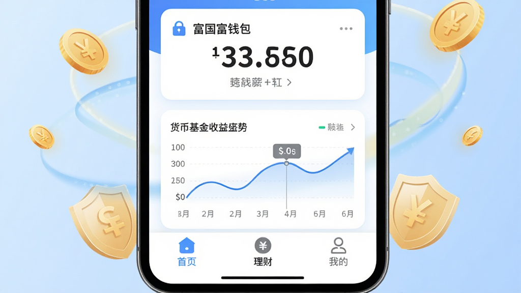 手机屏幕正中央展示富国富钱包APP主界面,界面上方显示账户总资产金额,中部为货币基金收益走势图,底部导航栏包含首页、理财、我的等图标,背景为浅蓝色渐变,周围环绕金币和盾牌元素象征财富与安全,整体布局简洁清晰,风格现代金融科技感,细节包括圆角卡片、数字字体加粗,画质高清,干净,无多余元素