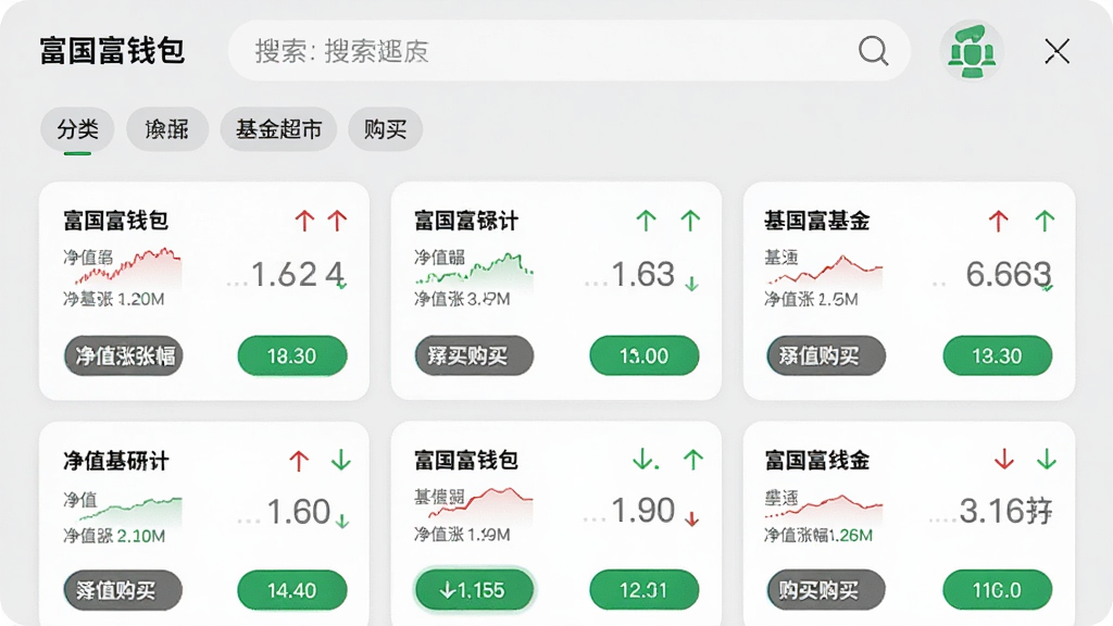 富国富钱包APP基金超市页面,展示多只基金产品卡片列表,每张卡片包含基金名称、净值涨跌幅和购买按钮,顶部有搜索栏和分类标签,背景为浅灰色,风格清新简约,细节包括红色上涨绿色下跌数字标识,画质高清,干净,无多余元素