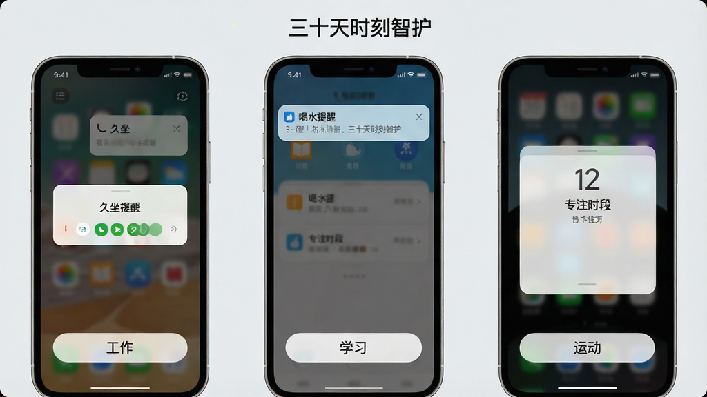 һ��չʾ����ʮ��ʱ���ǻ����ೡ�����ѹ��ܵĽ����ͼ�������в���չʾ�����ֻ���ÿ���ֻ���Ļ�ֱ���ʾ��ͬ�����ѳ���������ֻ���ʾ���������ѡ��������м��ֻ���ʾ����ˮ���ѡ�֪ͨ�����Ҳ��ֻ���ʾ��רעʱ�Ρ��������������ֻ��·��С�����������ѧϰ�������˶���������ǩ��ť������Ϊǳ��ɫ�������Ű����룬��������죬���ʸ��壬�޶���װ��