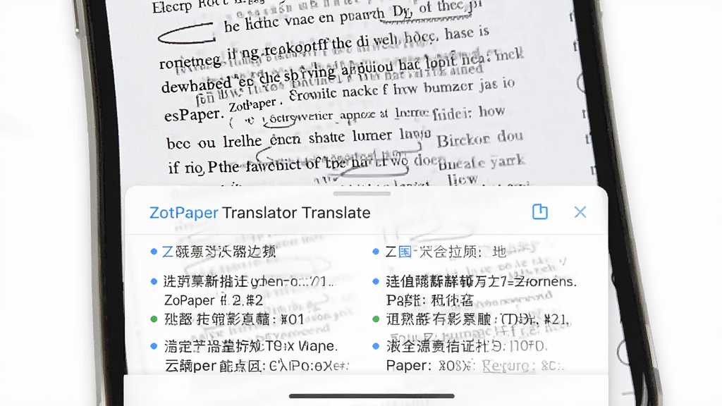 һ��չʾZotPaper���빦�ܵĽ����ͼ���ͼ���������ֻ���Ļ����ʾһƪӢ�����ף��·��������������ڣ�Ӣ�������Ķ�����ʾ��������Ƽ������������Ϊ��ɫ�����Ϊ��ƽ��UI��ƣ����������ɾ����޶���Ԫ��
