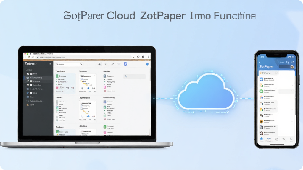 һ��չʾZotPaper�ƶ�ͬ�����ܵ�ʾ��ͼ�����������һ̨�ʼǱ�������ʾZotero���׿���棬�Ҳ���һ���ֻ���ʾZotPaperӦ�ý��棬����֮����һ��������ƶ���״���������ӣ���������ͬ��������Ϊǳ��ɫ���䣬�����Ƽ��У����������ɾ����޶���Ԫ��