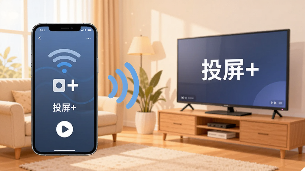 画面中央一部智能手机与一台大屏幕智能电视通过无线信号连接,手机屏幕内容同步显示在电视上,背景是温馨的客厅环境,布局采用左右分屏构图,左侧手机右侧电视,风格为现代科技感扁平插画,细节包括无线信号波纹图标和播放按钮,画质清晰明亮,干净简洁,无多余元素,图片中打文字“投屏+”