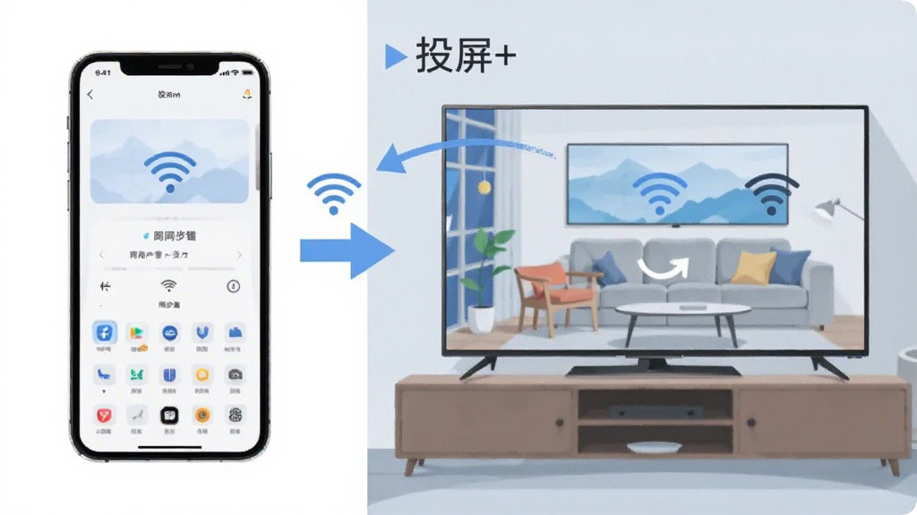 一部手机屏幕界面正在通过无线方式完整复制到客厅电视大屏上,画面采用左右对比布局,左侧手机显示操作界面,右侧电视显示相同画面,风格为清爽扁平化科技插画,细节包含WiFi信号图标和同步箭头,画质干净清晰,无多余元素,图片中打文字“投屏+”