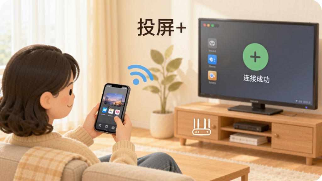 手机用户坐在沙发上操作投屏+应用,电视屏幕显示连接成功画面,布局为用户居中手机和电视分列两侧,风格为温馨家居生活插画,细节包含路由器图标和WiFi信号,画质柔和干净,无多余元素,图片中打文字“投屏+”