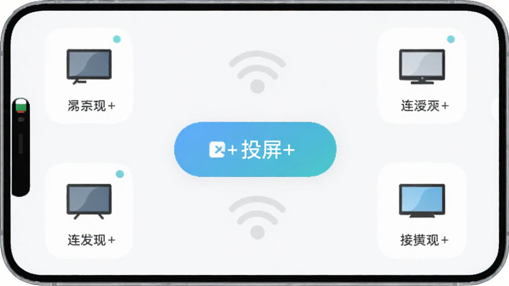 手机屏幕显示投屏+应用界面,界面中央有一个明显的连接按钮,周围环绕着已发现的电视设备图标,布局为手机正面特写居中,风格为清新浅色UI设计插画,细节包含设备名称标签和连接状态指示灯,画质干净整洁,无多余元素,图片中打文字“投屏+”