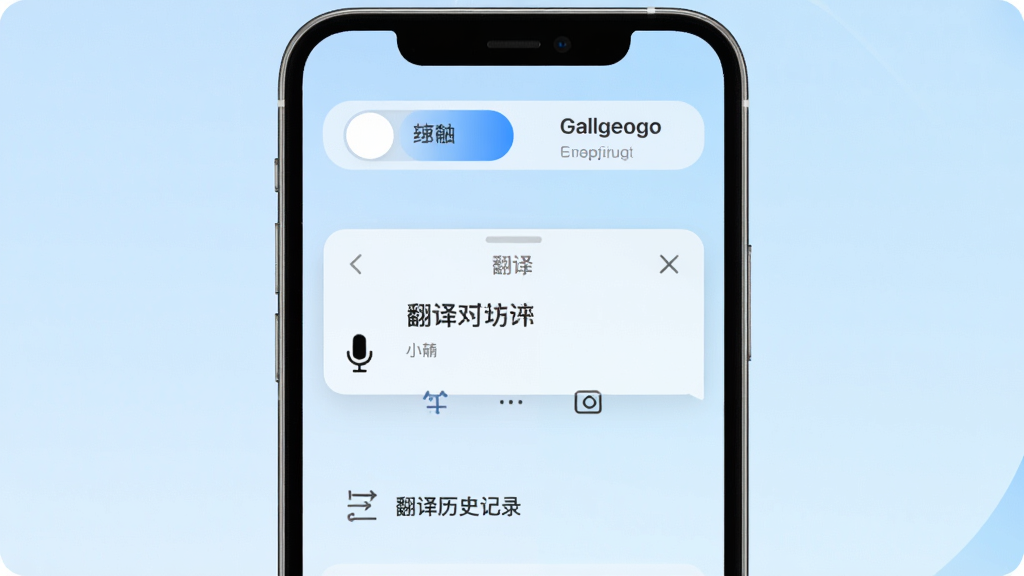 话外音软件主界面展示,手机屏幕中央显示翻译对话框,上方有中文与英文双语切换按钮,背景为淡蓝色渐变,风格简洁清爽,细节包括麦克风图标和翻译历史记录入口,画质清晰,干净,无多余元素