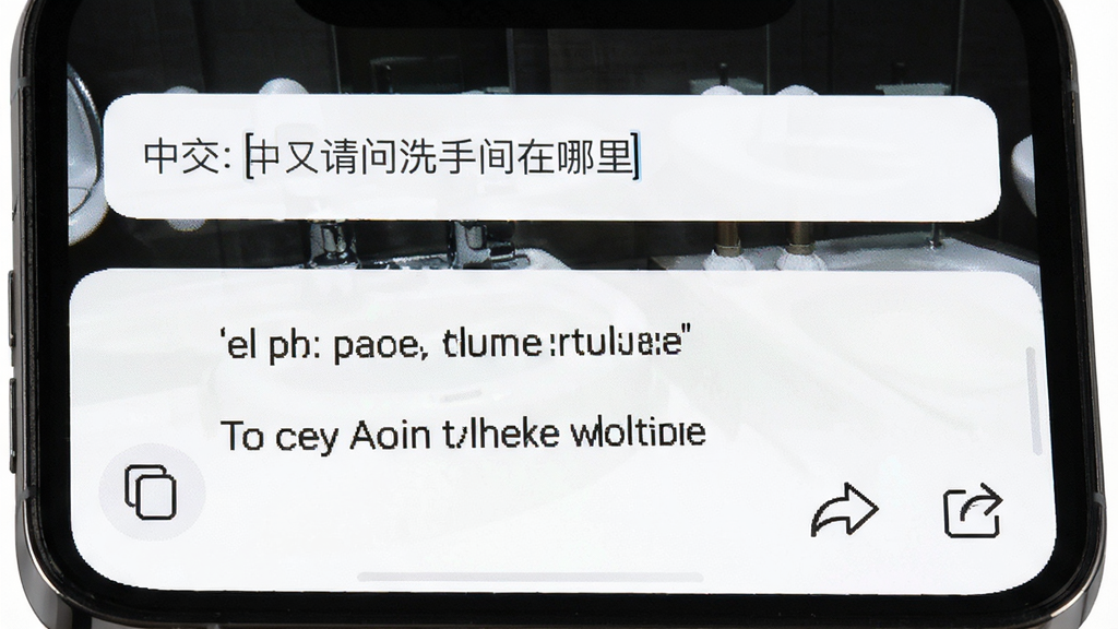 话外音文本翻译界面,手机屏幕显示输入框和翻译结果区域,中文输入“请问洗手间在哪里”,下方显示英文翻译结果,背景为纯白色,风格极简,细节包括复制按钮和分享图标,画质清晰,干净,无多余元素