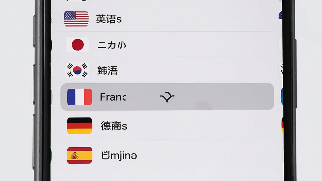 话外音多语言选择界面,手机屏幕显示语言列表,包含英语、日语、韩语、法语、德语、西班牙语等选项,每个选项前有对应国家国旗图标,背景为浅灰色,风格清新,细节包括选中状态高亮显示,画质清晰,干净,无多余元素