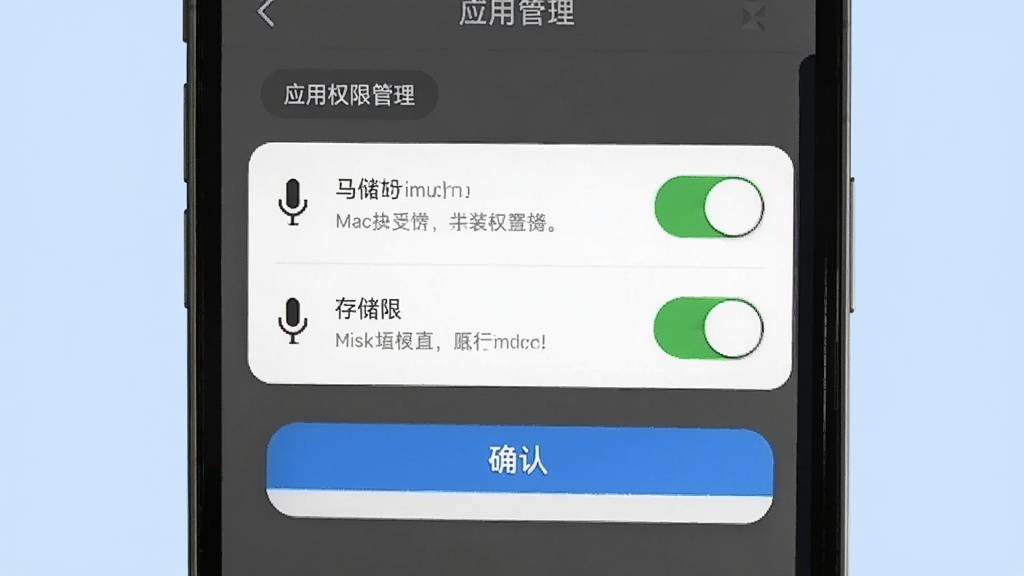话外音安装权限设置示意图,手机屏幕显示应用权限管理页面,麦克风与存储权限开关处于开启状态,背景为浅蓝色,风格简洁,细节包括权限说明文字和确认按钮,画质清晰,干净,无多余元素