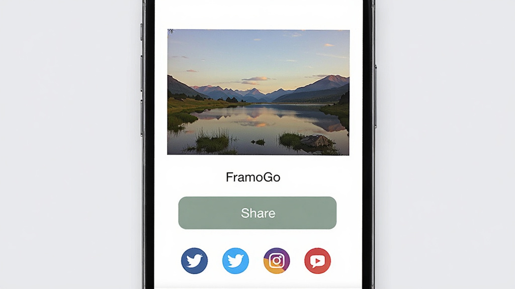 FramoGo ��������Ʒ����ҳ��ʾ��ͼ���ֻ���Ļ����ʾһ�ž����˾������ķ羰��Ƭ���·��з�����ť���罻ƽ̨ͼ�꣬����Ϊ���ŵ�ǳ��ɫ����������죬���ʸɾ����޶���Ԫ�ء�