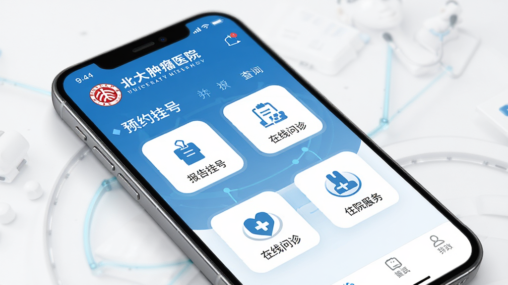 һ���Ա�����ѧ����ҽԺΪ������ֻ�APP����չʾͼ������Ϊһ�������ֻ��������ã���Ļ����ʾ��������ҽԺAPP��ҳ���棬�������ԤԼ�Һš������ѯ���������סԺ�����ͼ�갴ť�����ּ���������Ű����ҽ��������ɫ�����Ϊ�ִ�ҽ�ƿƼ��磬ϸ����ͻ��ҽԺlogo����ܰ��ҽ�Ʒ����Χ�����ʸ��壬�ɾ����޶���Ԫ��