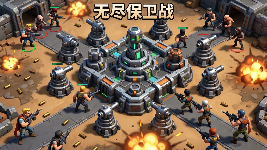 画面中央是游戏主界面,主体为一座高科技防御基地,基地周围环绕着不同种类的防御塔和持枪英雄角色,布局采用经典塔防俯视角,排版上基地居中、敌人从四周涌入,风格为美式卡通渲染与科幻废土结合,细节包括炮塔的金属光泽、英雄的服饰纹理、地面上的弹壳与爆炸火光,画质要求高清、干净、无多余元素,图片中需带有“无尽保卫战”文字标识。