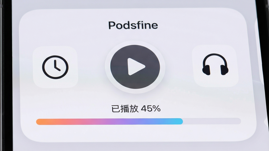 手机屏幕特写,Podsfine软件播放界面,中央有一个圆形播放按钮,下方有进度条显示“已播放 45%”,进度条上方有“Podsfine”字样。画面左侧有一个时钟图标,右侧有一个耳机图标。风格为柔和圆角卡片式设计,背景为浅灰色。细节上进度条有渐变填充效果。画质清晰,干净,无多余元素。