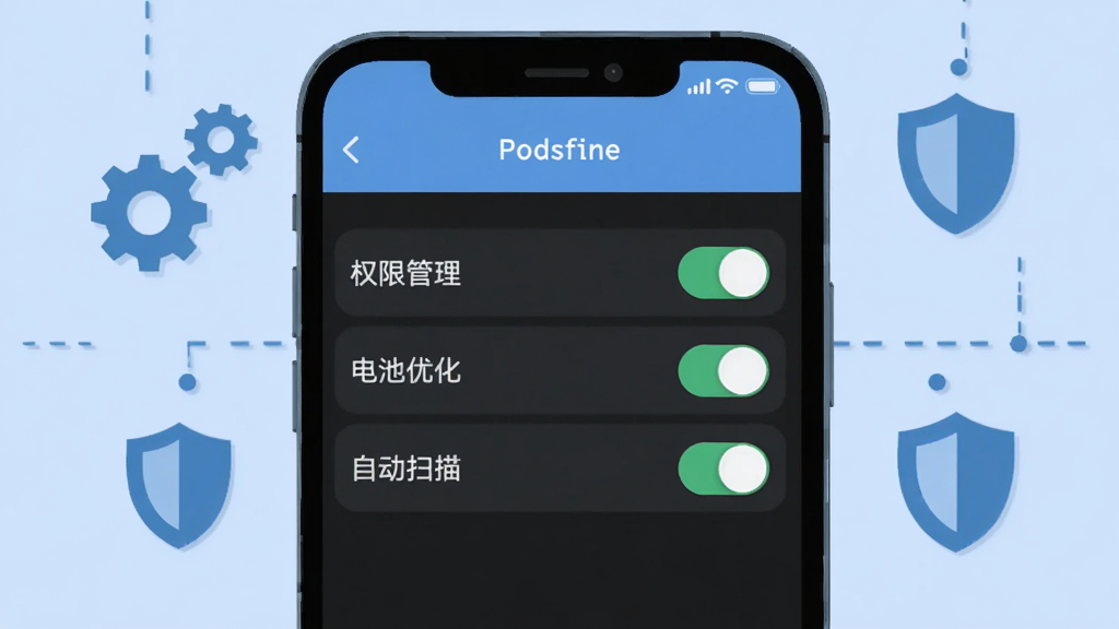 手机屏幕显示Podsfine软件的设置界面,界面中有“权限管理”“电池优化”“自动扫描”等选项,旁边有开关按钮。画面背景为浅蓝色,手机周围有齿轮图标和盾牌图标。风格为扁平化设计,布局整齐。细节上开关按钮有高亮状态。画质清晰,干净,无多余元素。