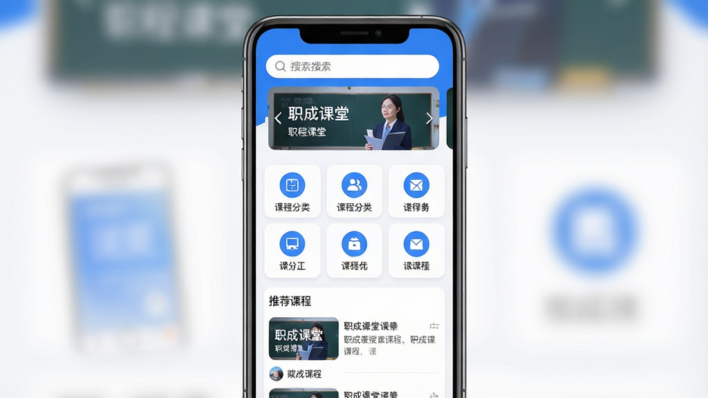 ְ�ɿ����ֻ�APP����չʾ������Ϊһ�������ֻ�������ʾ�γ��б�ҳ�棬���ֲ��þ��й�ͼ���Ϸ�Ϊ���������ֲ�ͼ���в�Ϊ�γ̷���ͼ�������·�Ϊ�Ƽ��γ̿�Ƭ�б������Ϊ�ִ���Լ��ƽ����ƣ�ϸ�ڰ�����ɫ��ɫ������ɫ������Բ�ǿ�Ƭ���������ֱ��⡰ְ�ɿ��á������ʸ��壬�ɾ��޶���Ԫ��