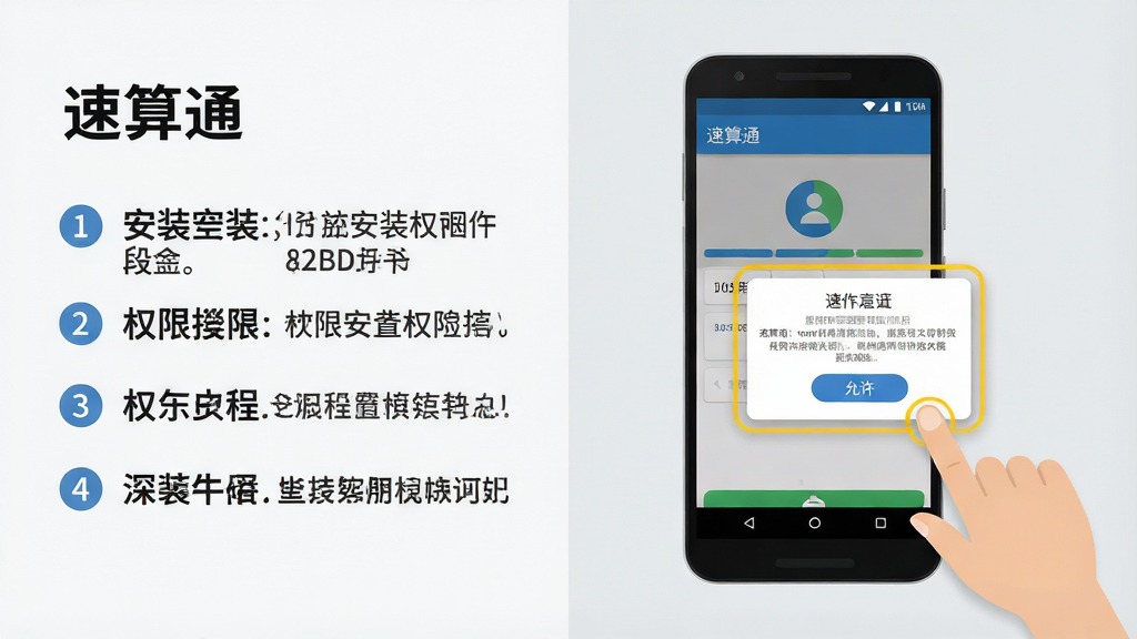 一张展示“速算通”在安卓手机上安装与权限设置的教程示意图。主体为手机屏幕,屏幕显示安装界面与权限弹窗,旁边有手指点击“允许”的动作。布局为左右分栏,左侧为安装步骤文字,右侧为手机界面。排版清晰,步骤用数字标注。风格为扁平化教程插图,细节上权限弹窗有高亮描边。画质高清,背景为浅灰色,干净无多余元素。