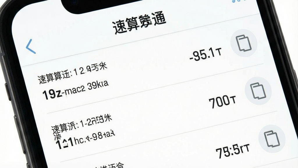 一张展示“速算通”应用历史记录功能的界面截图。主体为手机屏幕,屏幕内显示“速算通”历史记录列表,包含多条算式与结果。布局为上下结构,顶部为标题栏,下方为可滚动的记录条目。排版清晰,条目之间有分割线。风格为清爽浅色商务风,细节上每条记录右侧有复制图标。画质干净,无多余装饰元素,背景为纯白。